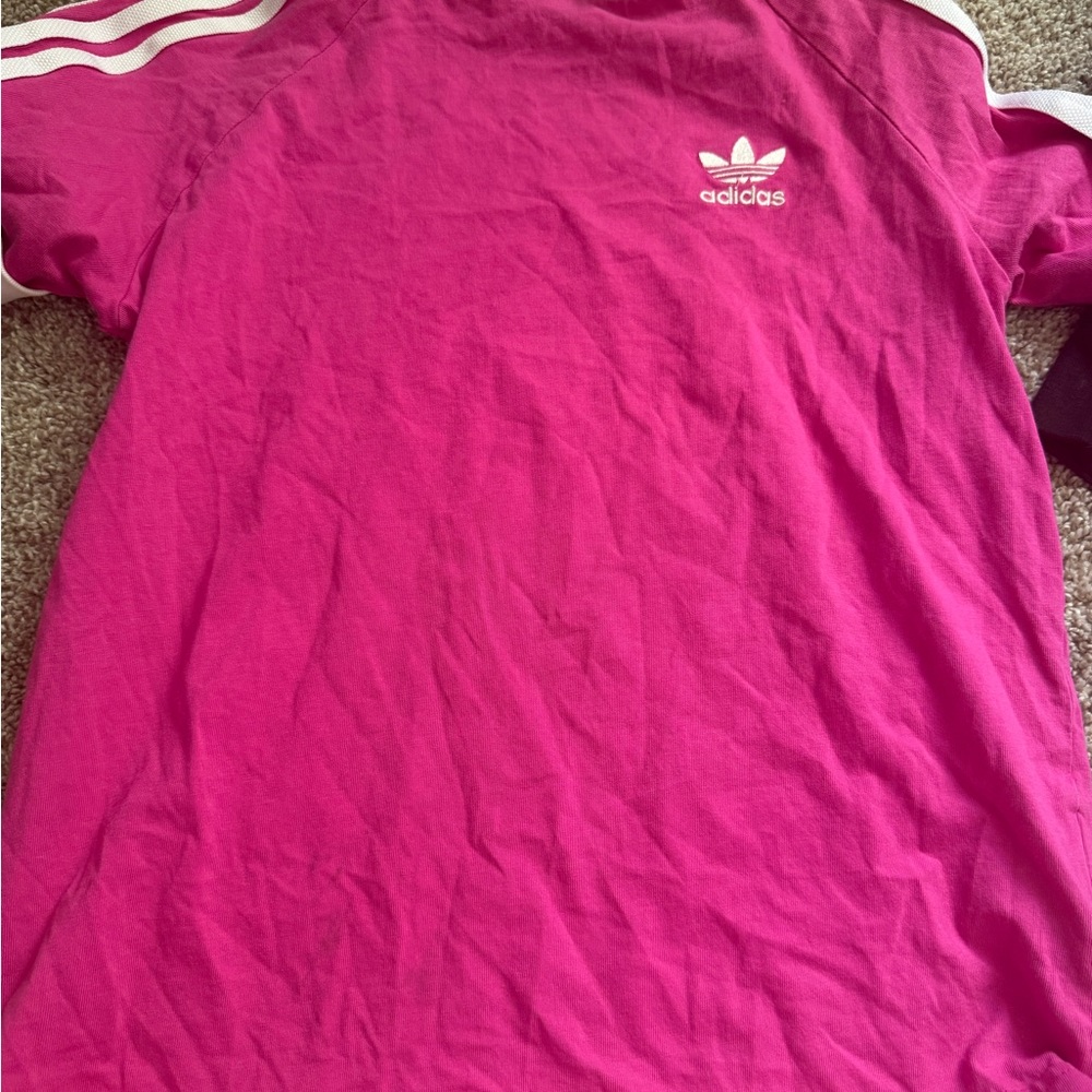 adidas Hot Pink Tee with White Trefoil and Stripes